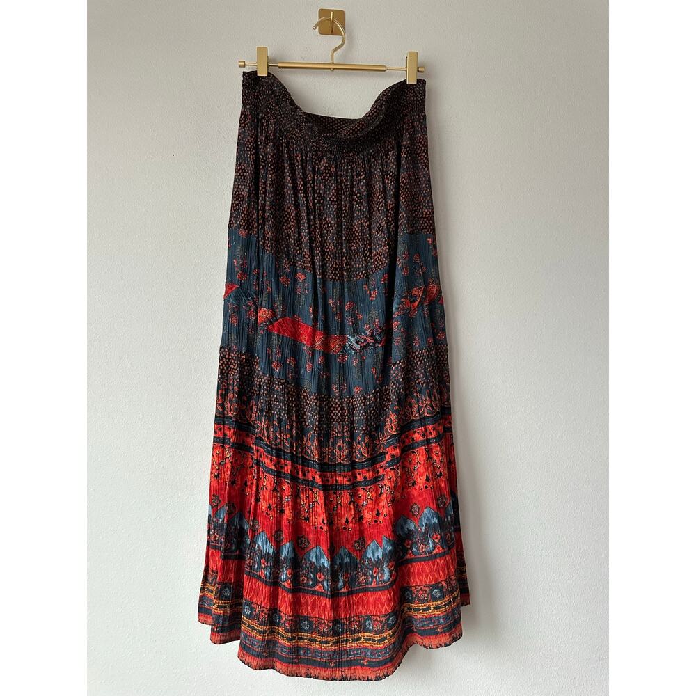 Vintage 90s Carole Little Boho Crinkle Rayon Print Maxi Skirt Festival Medium - Picture 2 of 7